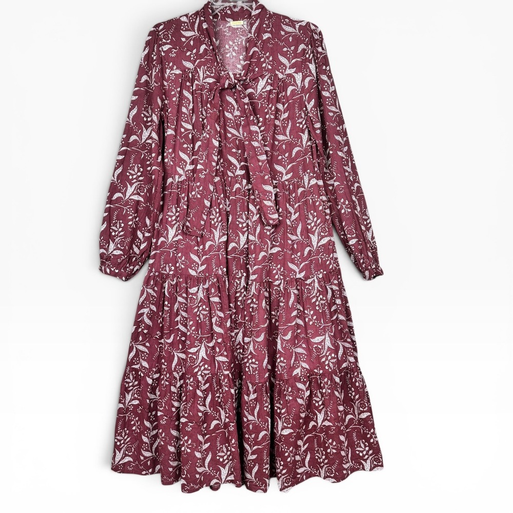 Matta Midi Dress Womens Medium‎ Burgundy Organic Cotton Tiered Tie Neck Floral